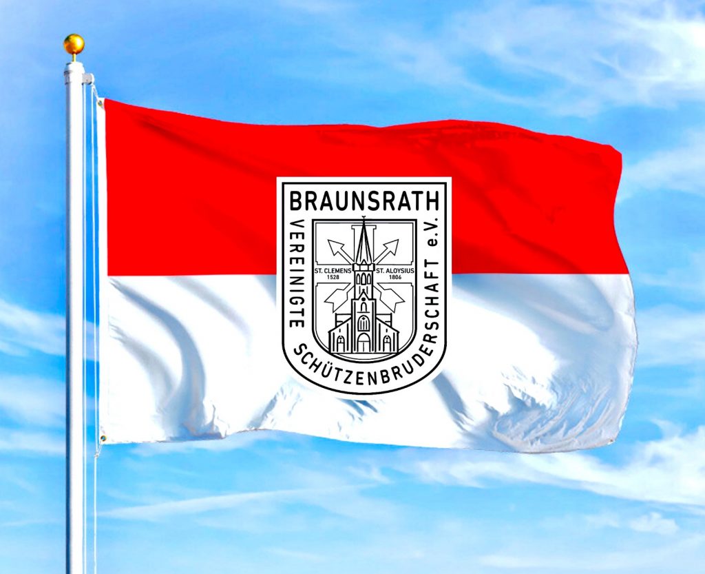 Die neue Fahne der Vereinigten Schützenbruderschaft St. Clemens und St. Aloysius e.V. Braunsrath ist endlich fertig und sowohl als Querfahne (200 x 120 cm) als auch als Hissfahne (120 x 200 cm) erhältlich